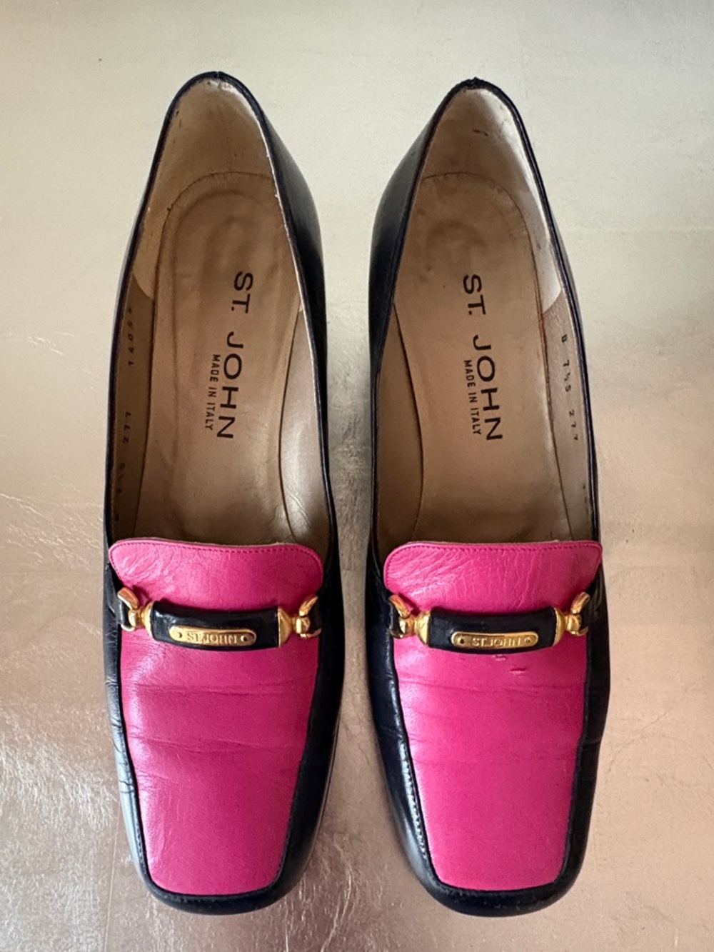 St. John Fuchsia and Black Leather Loafers with Gold Accents, Sz 7 1/2